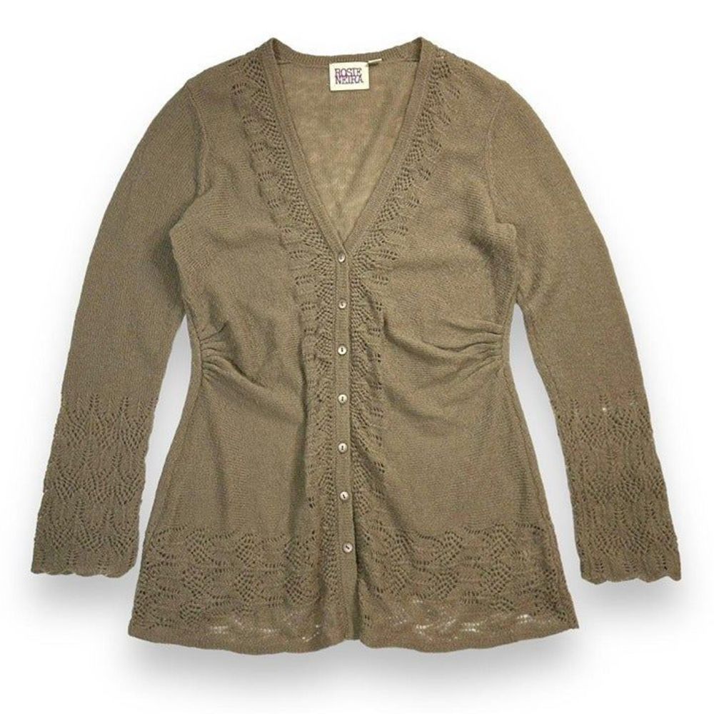 Rosie Neira Anthropologie Wool Mohair Blend Knit Crochet Cardigan Sweater Large